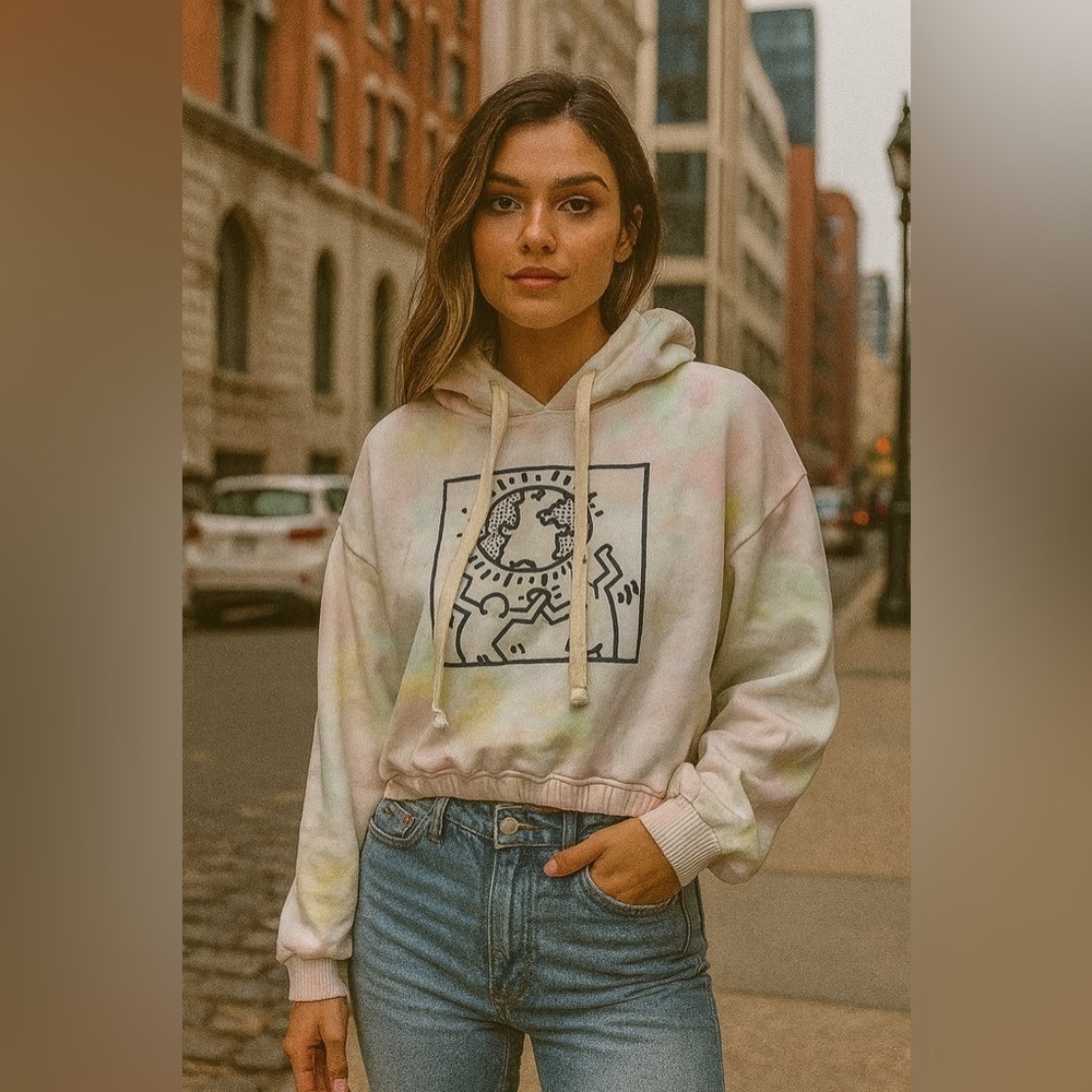 Keith Haring pastel tie dye cropped length hoodie Earth Day! - Picture 1 of 5